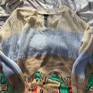 Rue21 Cream and Light Blue V-Neck Sweater